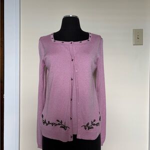 Pink Square Neck Embroidered Women's Sweater Set Vintage